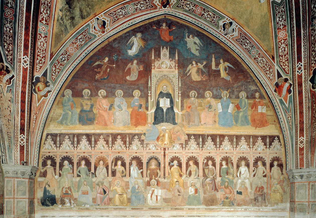 El triunfo de la doctrina católica, personificado en Santo Tomás de Aquino, de la Capilla Española, c.1365 de Andrea di Bonaiuto