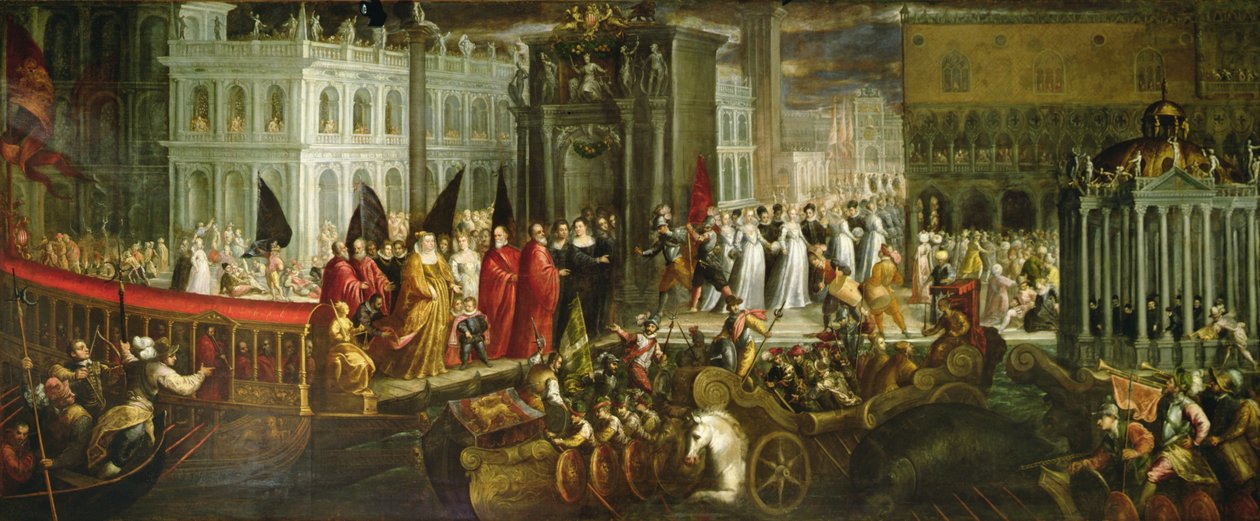 Llegada de la Dogaressa Morosina Morosini Grimani al Palacio Ducal, Venecia, c.1600 de Andrea Vicentino