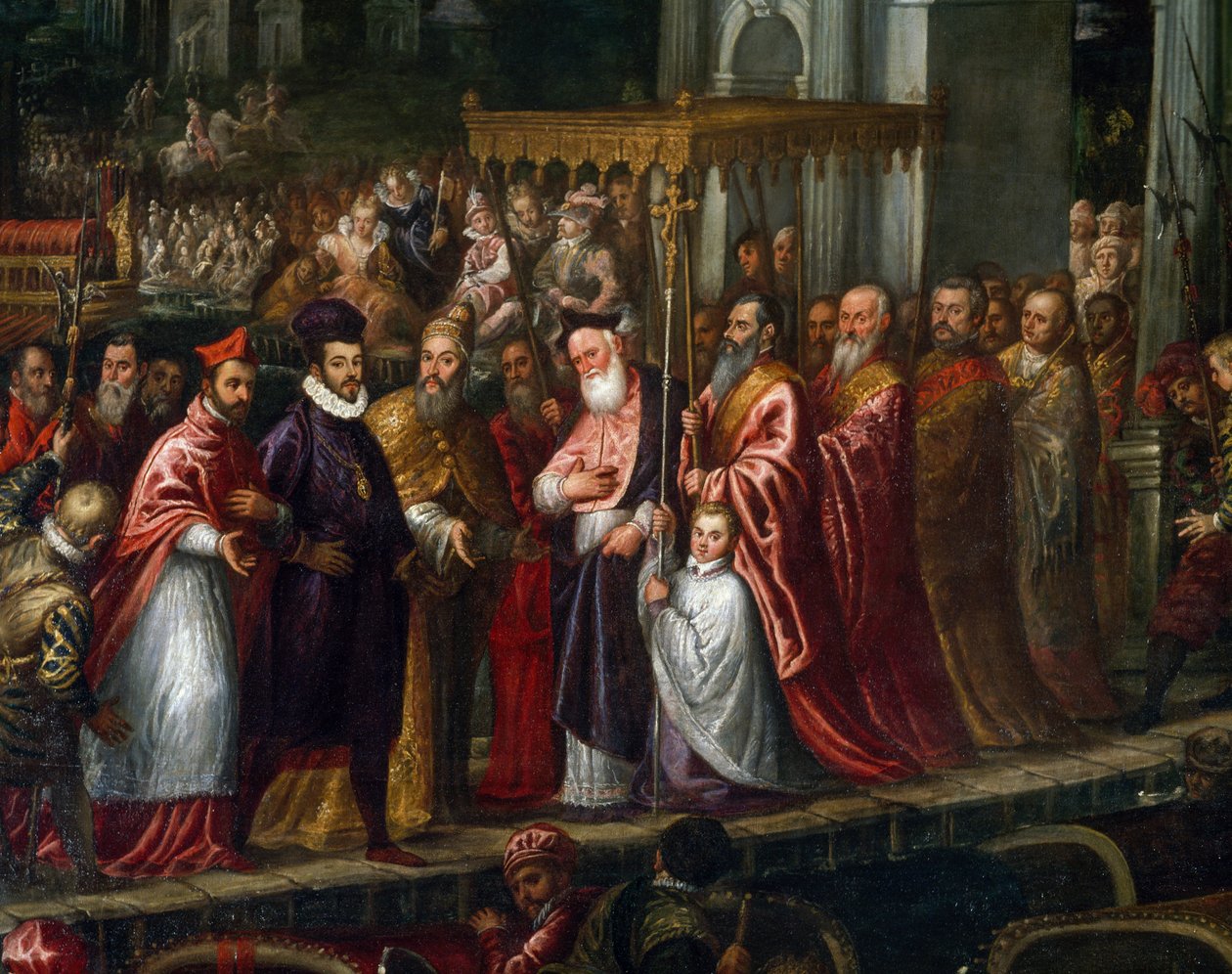Dogo Mocenigo y Patriarca Trevisan dando la bienvenida a Enrique III en el Lido en 1574 de Andrea Vicentino