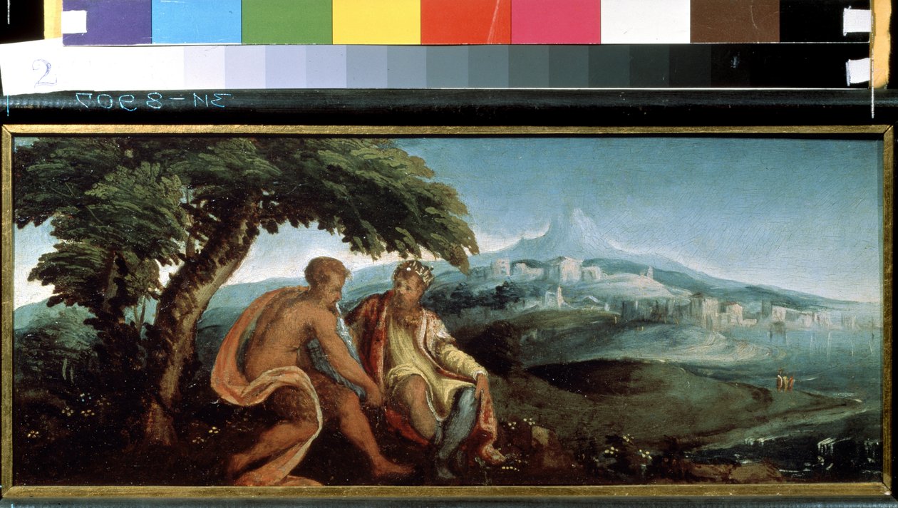 Rey Midas y Pan (Rey Midas y Pan). Pintura de Andrea Schiavone (hacia 1520-1582). Óleo sobre tela de Andrea Schiavone