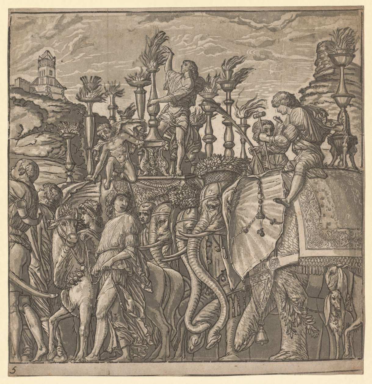 El triunfo de Julio César: Elefantes llevando antorchas, 1593-99 de Andrea Andreani