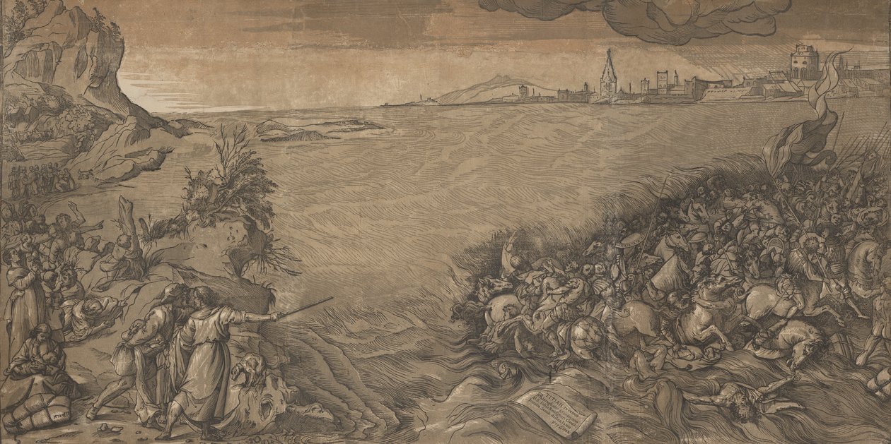 El cruce del mar rojo, Moisés señala al ejército siendo sumergido de Andrea Andreani
