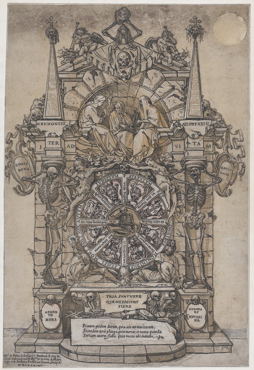 Triunfo de la Muerte con tres destinos en un marco arquitectónico sobre una rueda de la fortuna, 1588 de Andrea Andreani