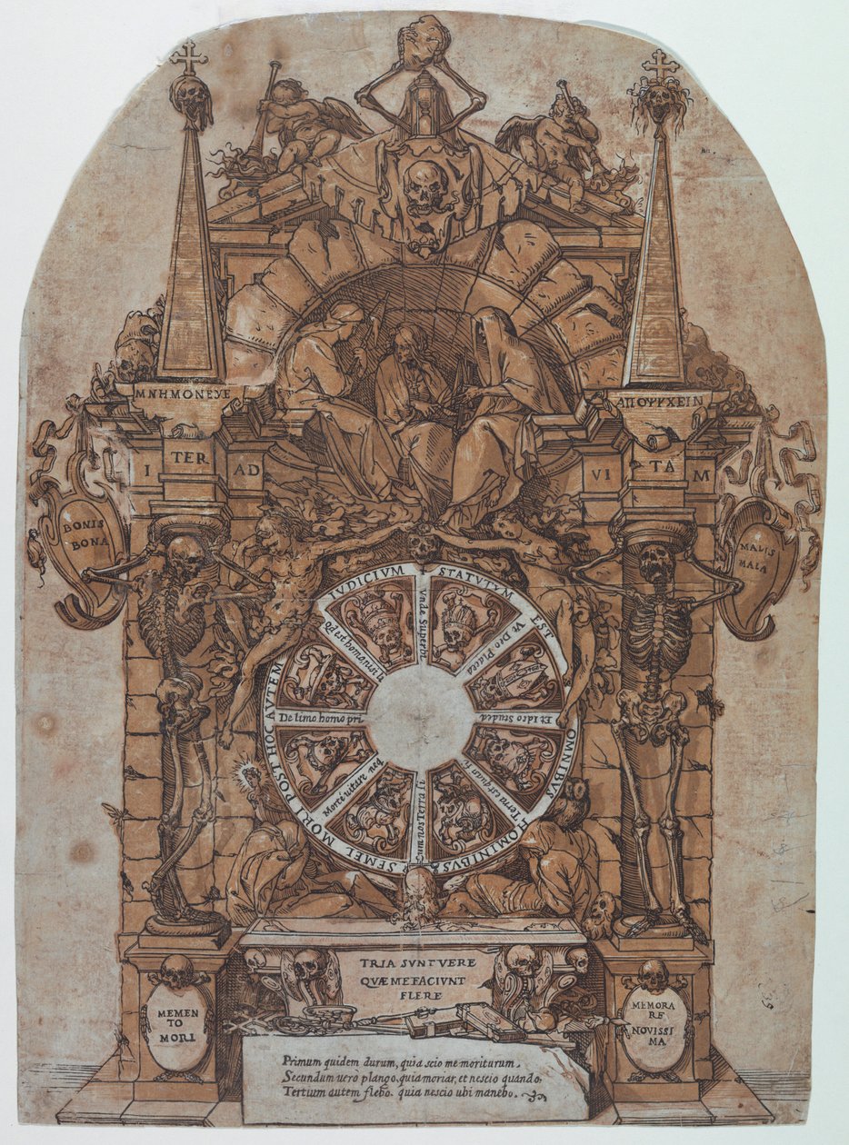 Triunfo de la Muerte con tres destinos en un marco arquitectónico sobre una rueda de la fortuna flanqueada por esqueletos; una calavera y un reloj de arena en la parte superior y con la rueda destinada a girar en el centro de Andrea Andreani