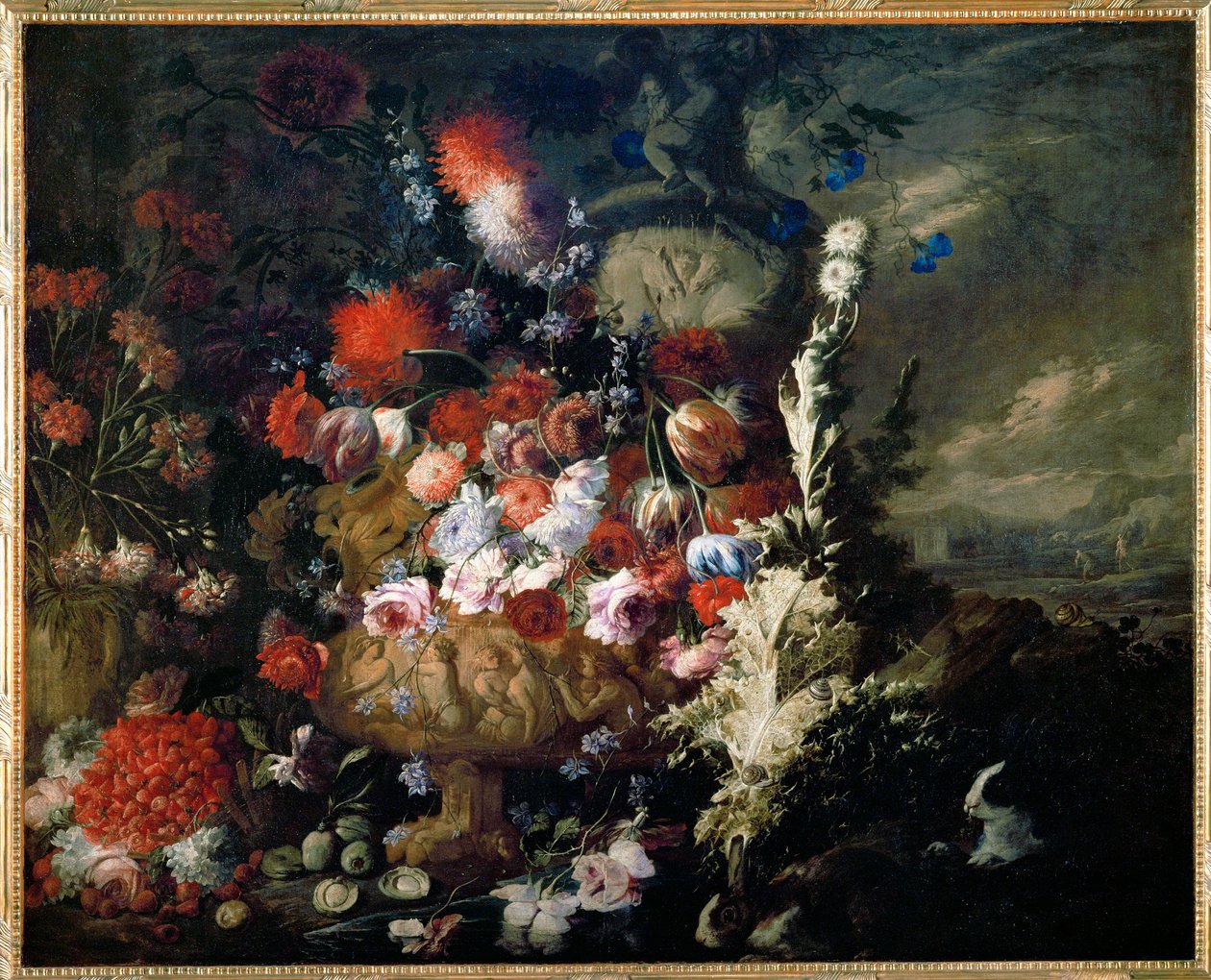 Jarrón con flores y frutas en un paisaje - Vase de fleurs et fruits dans un paysage ... de Andrea Belvedere