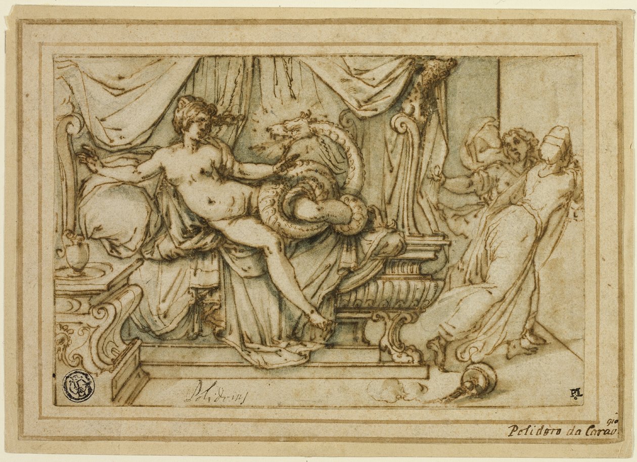 Olimpia, madre de Alejandro, visitada por Zeus en forma de serpiente de Andrea Boscoli