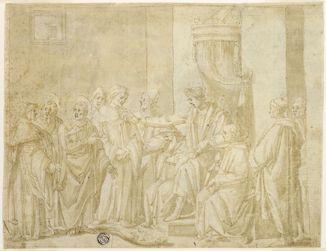 San Pedro y San Pablo disputando con Simón el Mago ante Nerón (recto); Cinco escenas de la historia de Moisés (verso) de Andrea Boscoli
