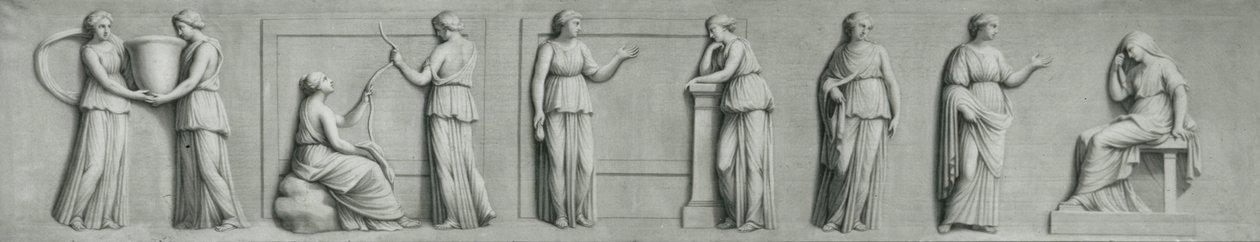 Un panel grisalla que representa figuras femeninas, incluidas musas de Andrea Casali