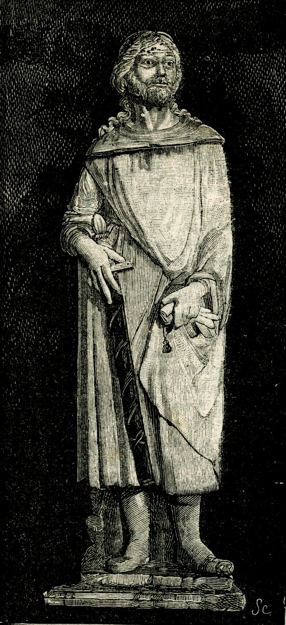 Juliano el Hospitalario, estatua de Andrea Della Robbia (1435-1525 o 1528), oratorio de la Madonna del Buon Consiglio, Prato, Toscana, Italia, xilografía de Le cento citta d