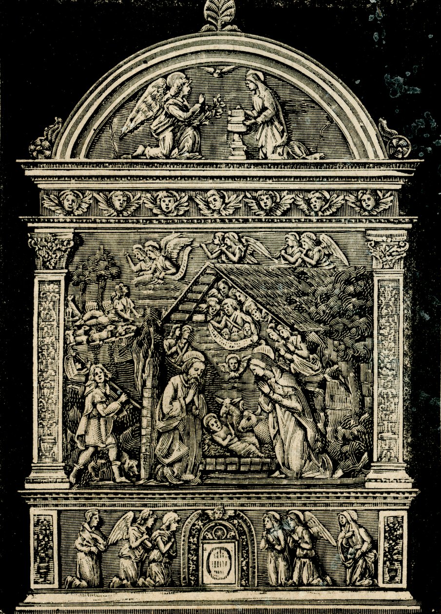 Natividad, retablo de terracota por Andrea della Robbia, de la iglesia de Santa Clara, Museo Cívico de Sansepolcro, Toscana, Italia, xilografía de Le cento città d