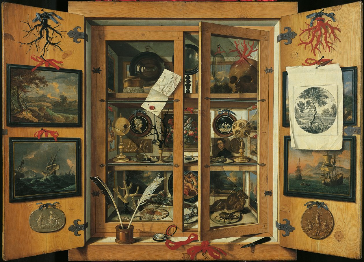 Gabinete de curiosidades (con puertas de cristal) con diversos objetos, de Andrea Dominico Remps (1621-1699). de Andrea Domenico Remps