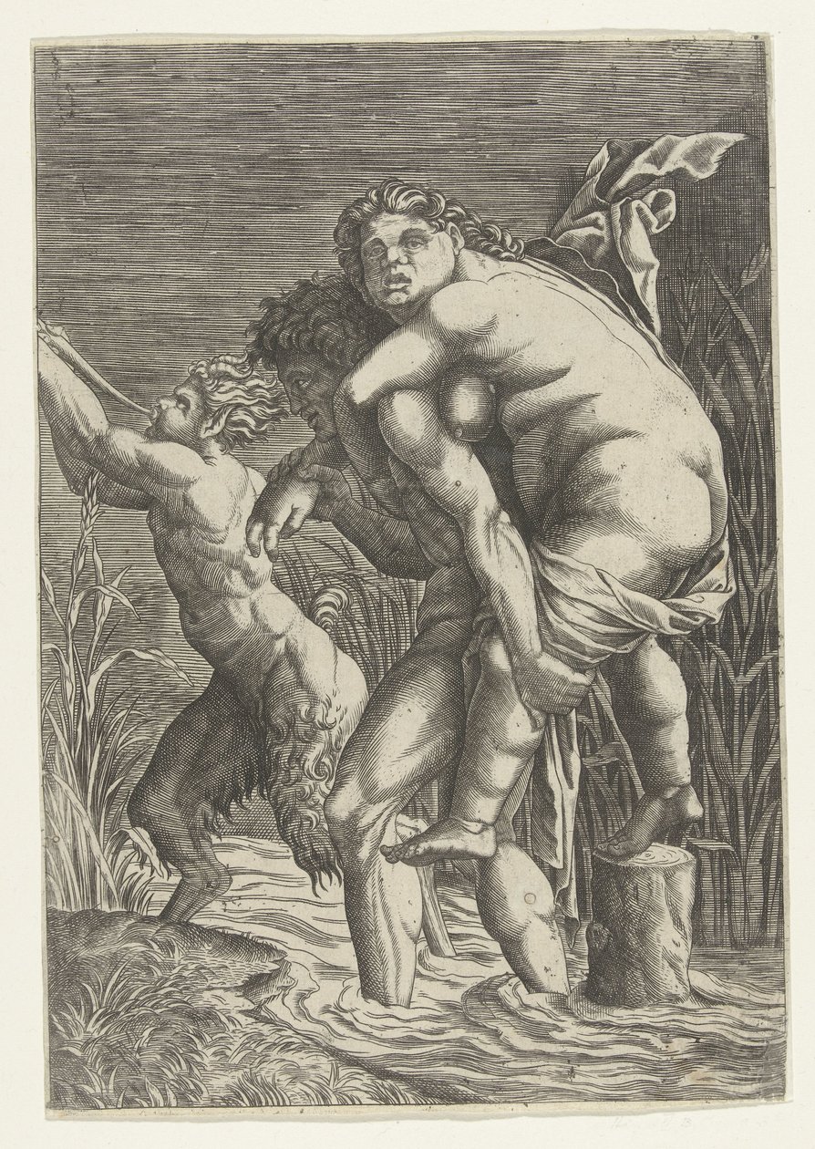 El hombre lleva a la mujer en la espalda y un sátiro de Andrea Mantegna (school of)