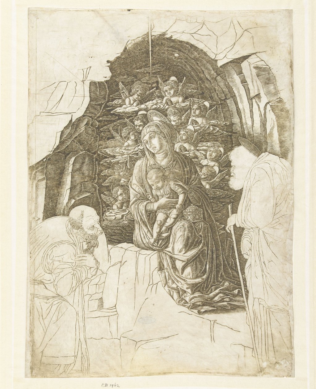 María con el niño rodeada de ángeles en la cueva con José y el rey en adoración de Andrea Mantegna (school of)