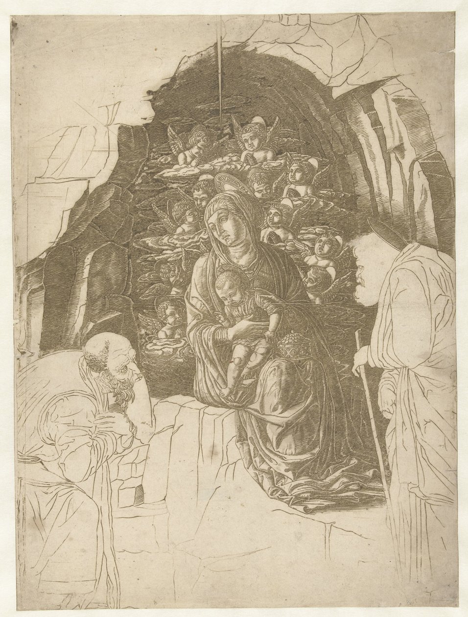 María con el niño rodeada de ángeles en la cueva con José y el rey en adoración de Andrea Mantegna (school of)