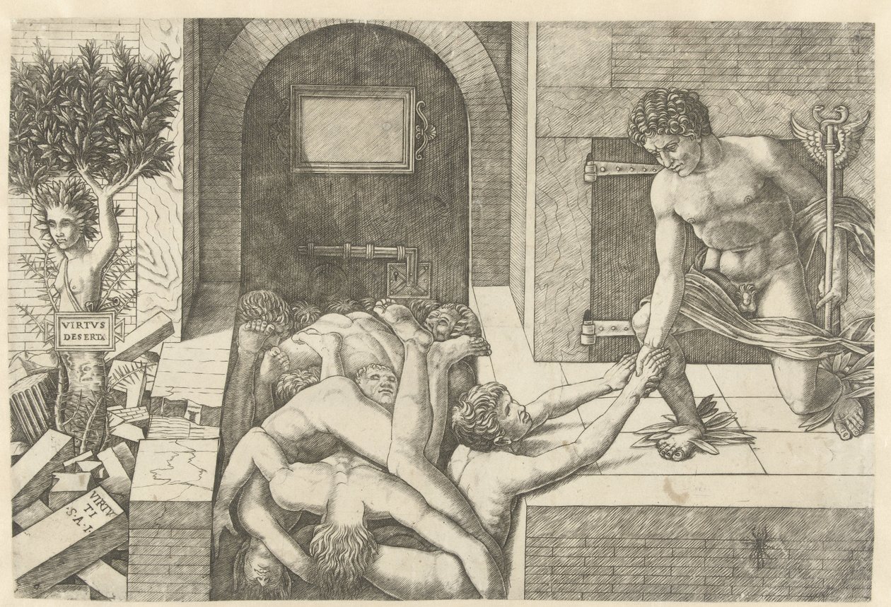 Mercurio como personificación de la Virtud salva almas en el limbo y Dafne se convierte en árbol Virtus Deserta (título sobre el objeto) de Andrea Mantegna (school of)