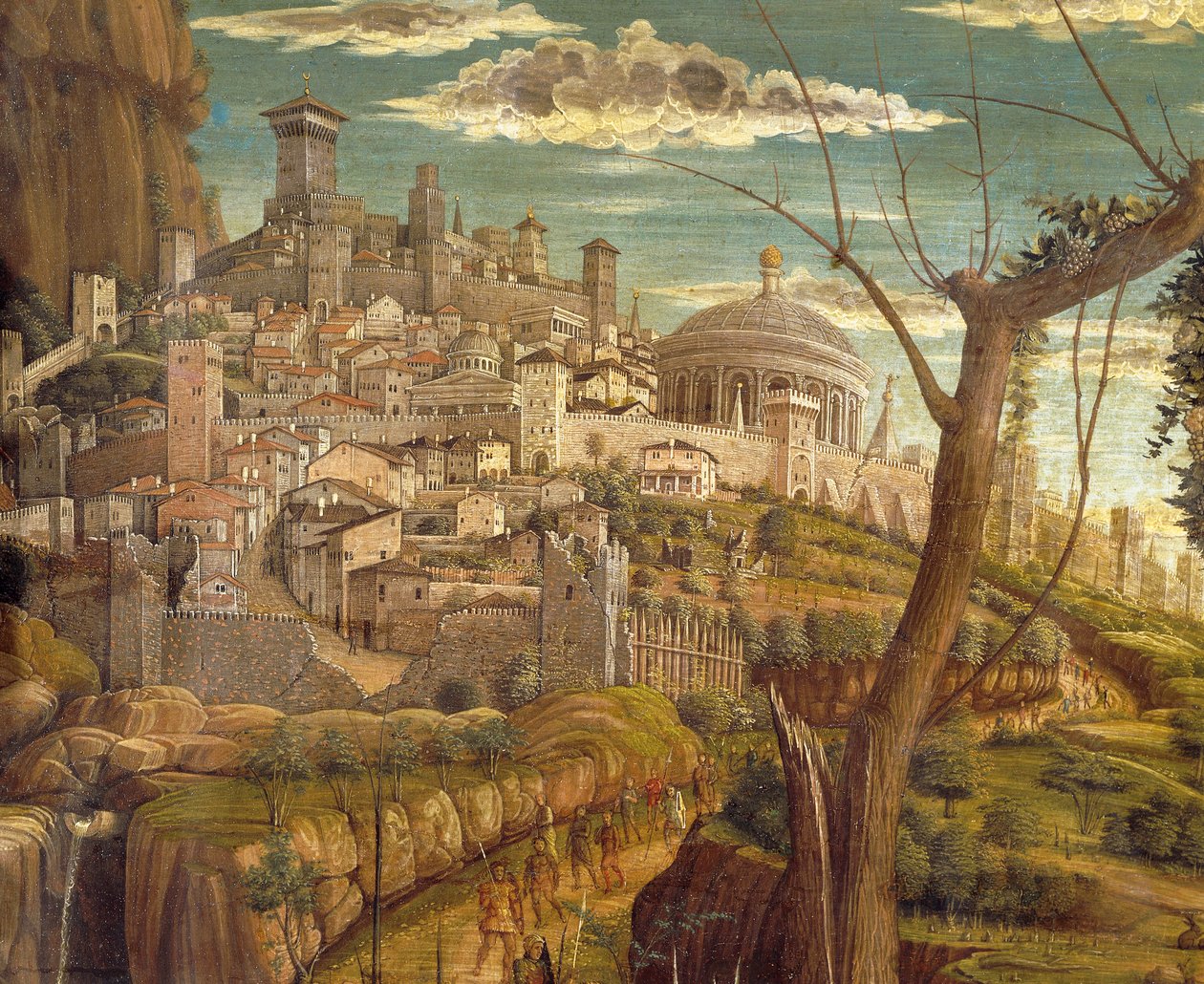 Agonía en el Jardín por Andrea Mantegna (1431-1506), temple sobre madera, 71x94 cm, vista de detalle de Jerusalén de Andrea Mantegna