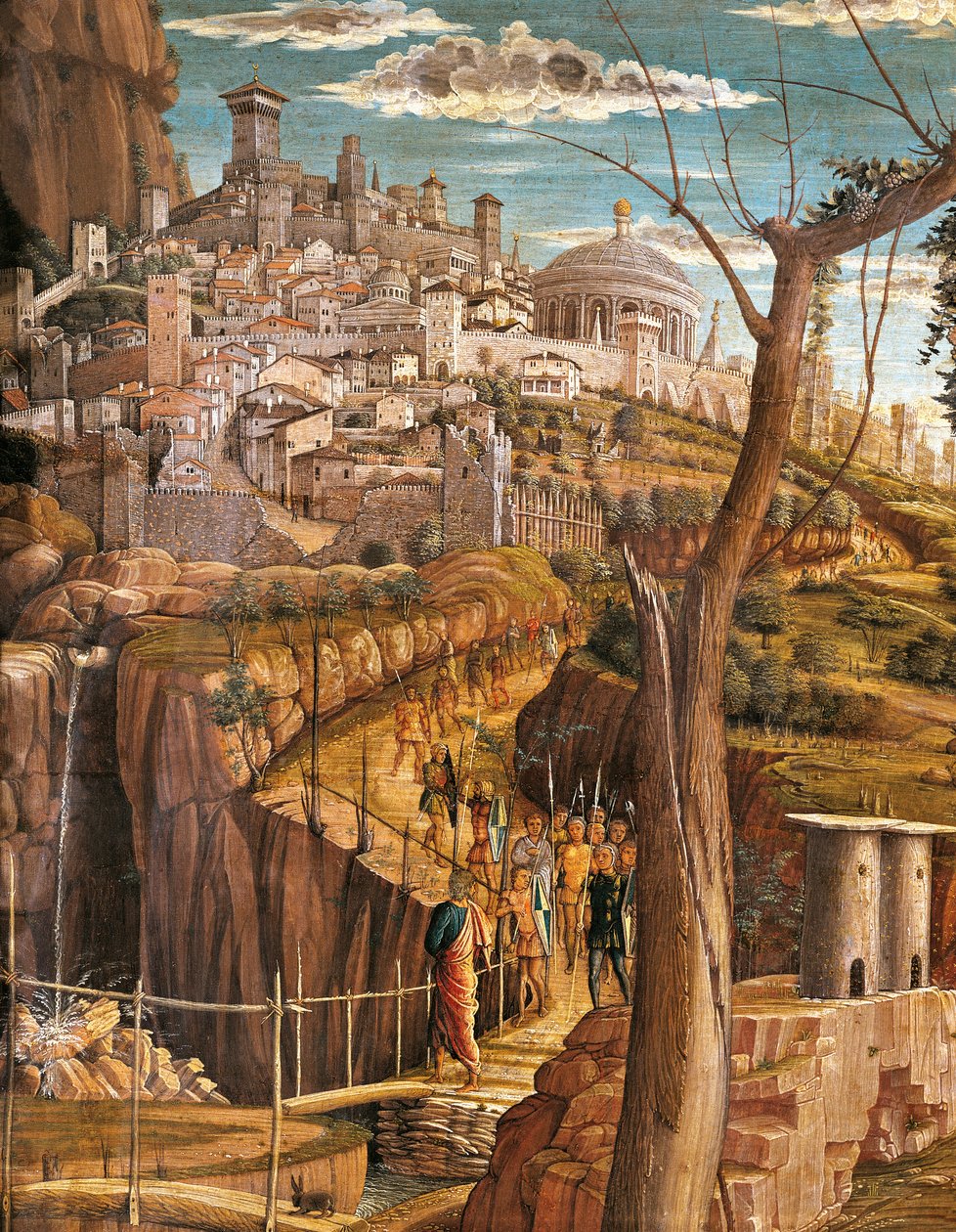 Agonía en el jardín (detalle de Jerusalén) de Andrea Mantegna