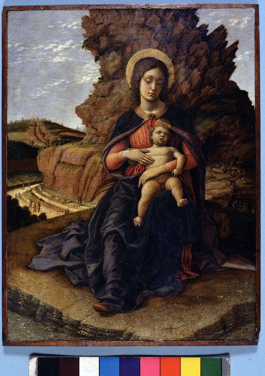 Andrea Mantegna, La “Virgen de las canteras”: Virgen con el Niño y al fondo canteras de piedra con trabajadores trabajando, Galería de los Uffizi, Florencia de Andrea Mantegna