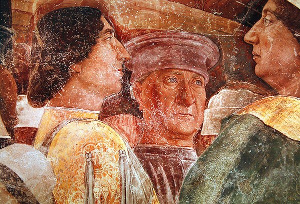 Llegada del Cardenal Francesco Gonzaga, detalle de Mantegna y cortesanos en el lado derecho, c.1465-74 (detalle) de Andrea Mantegna