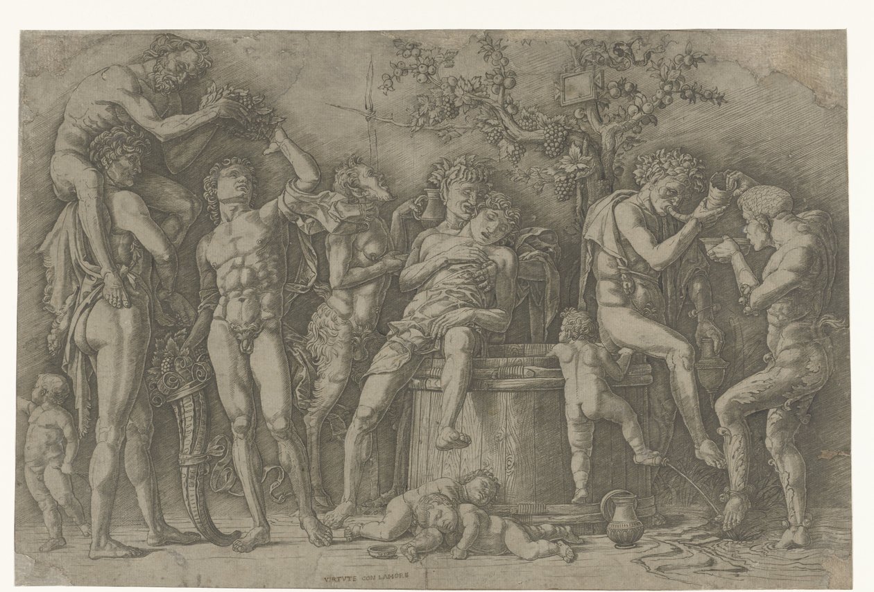 Bacanal con sátiros y bacantes en lagar de Andrea Mantegna
