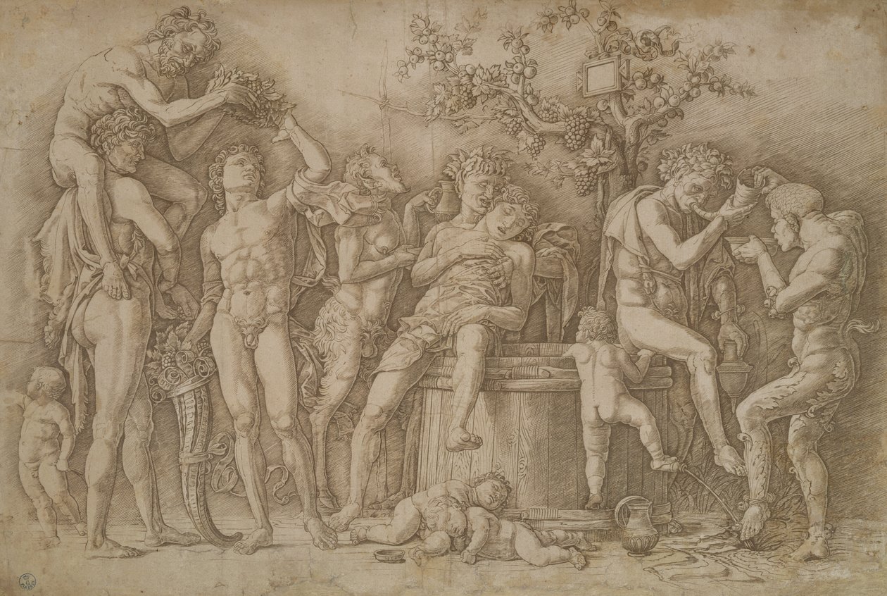 Bacanal con la cuba de vino, 1470-90 de Andrea Mantegna