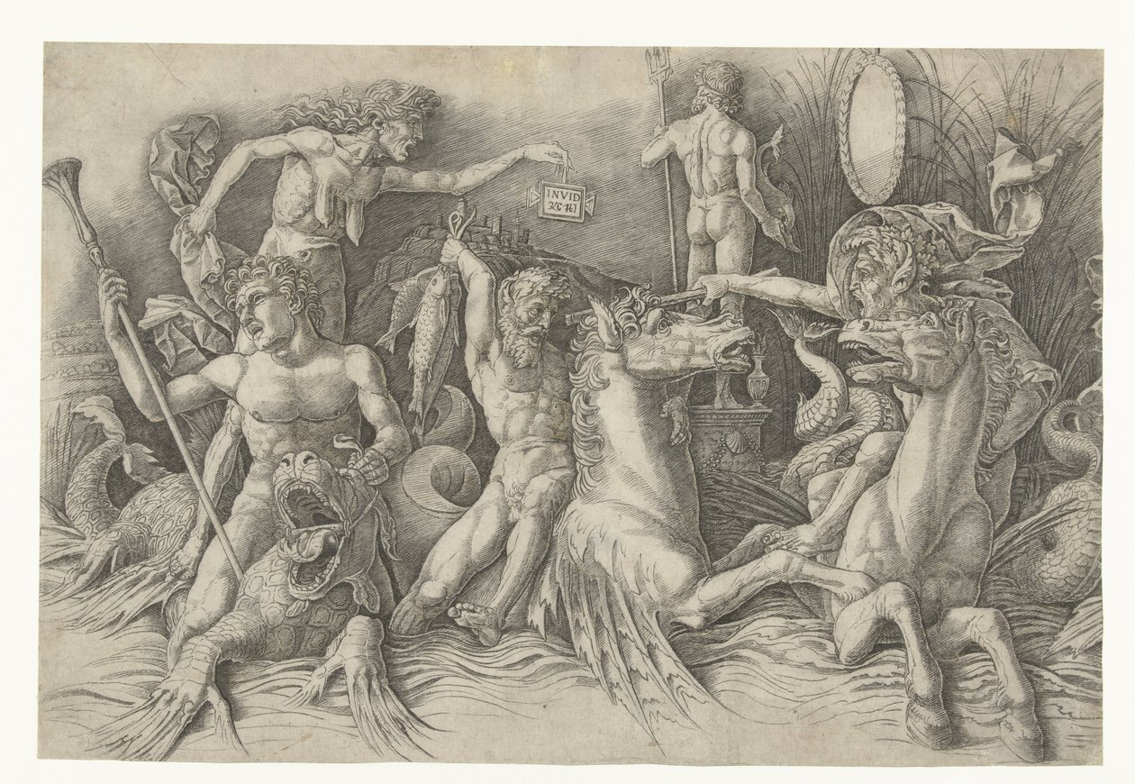 Batalla de los Dioses del Mar, con Envidia (Invidia) a la Izquierda Batalla entre sátiros montados en hipocampos y anciana como personificación de la envidia de pie en la espalda del dragón Batalla de los dioses del mar de Andrea Mantegna