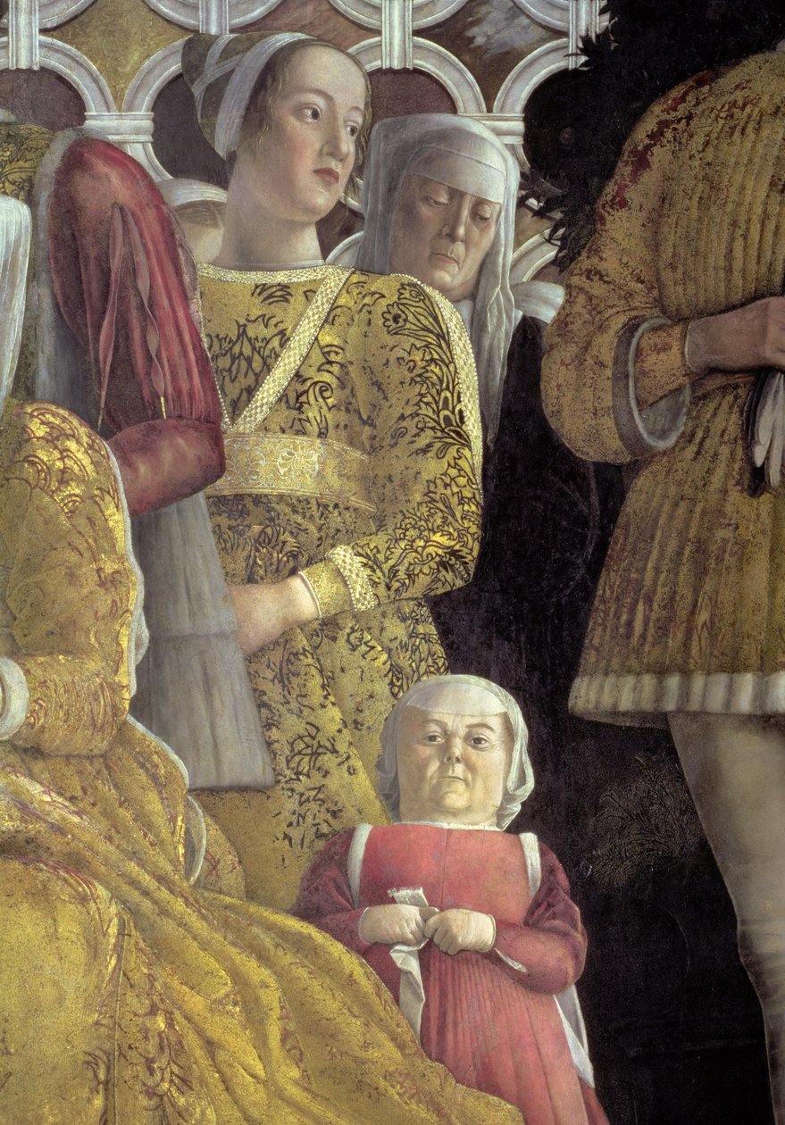 Enano y otros cortesanos del retrato grupal de la familia y corte de Marchese Ludovico Gonzaga III de Mantua (detalle) de Andrea Mantegna