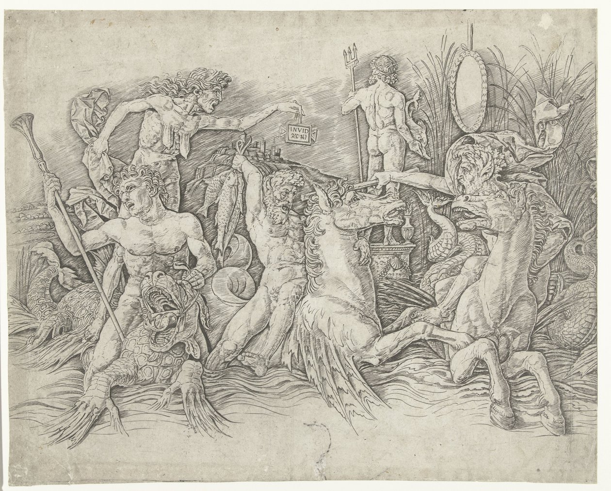 Batalla entre sátiros montados en hipocampos y anciana como personificación de la envidia de pie en la espalda del dragón Batalla de los dioses del mar de Andrea Mantegna