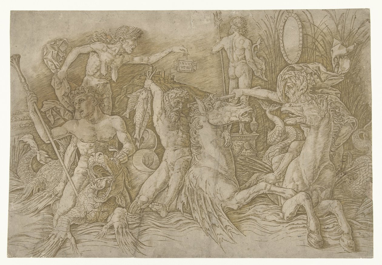 Batalla entre sátiros montados en hipocampos y anciana como personificación de la envidia de pie en la espalda del dragón Batalla de los dioses del mar de Andrea Mantegna