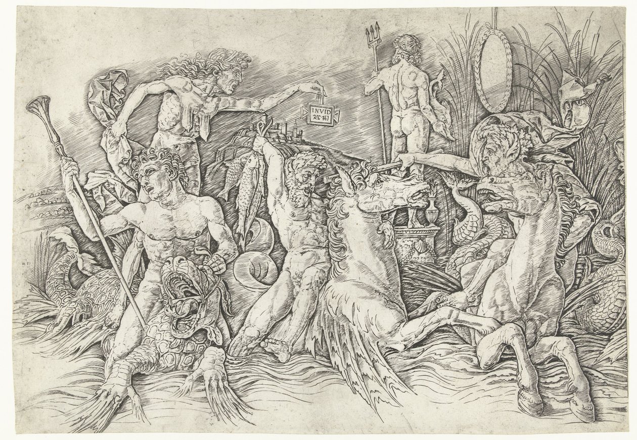 Batalla entre sátiros montados en hipocampos y anciana como personificación de la envidia de pie en la espalda del dragón Batalla de los dioses del mar de Andrea Mantegna