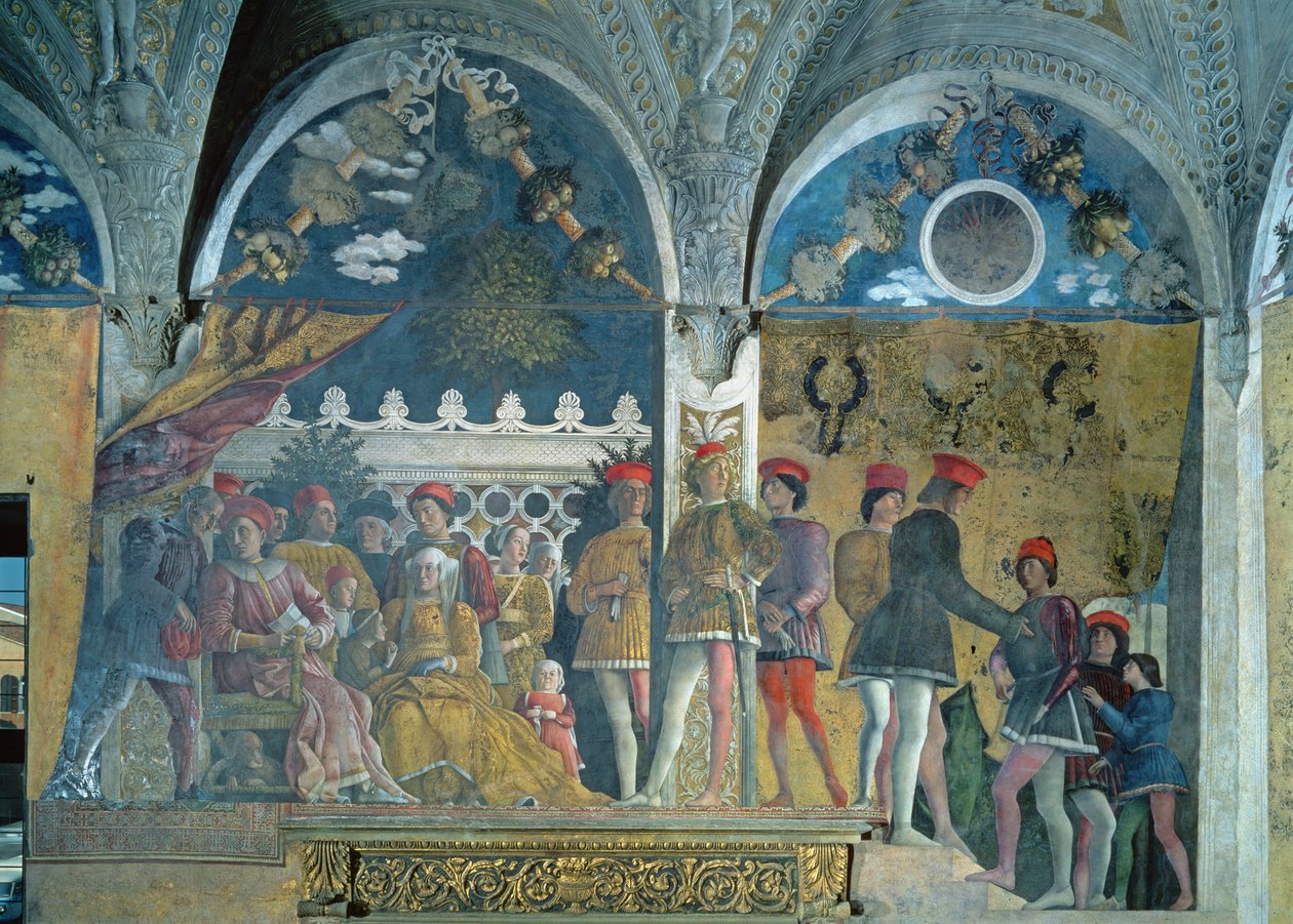 Marqués Ludovico Gonzaga III, su esposa Bárbara de Brandeburgo, sus hijos, cortesanos y su perro Rubino, de la Cámara de los Esposos o Cámara Picta, 1465-74 de Andrea Mantegna