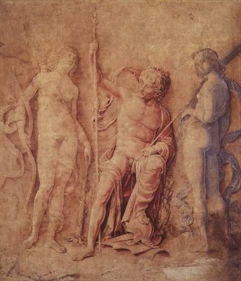 Marte, Diana e Iris (?) 1446-1506 (pluma y tinta marrón, con aguada marrón, roja y azul, realzada con blanco, sobre papel descolorido marrón) de Andrea Mantegna