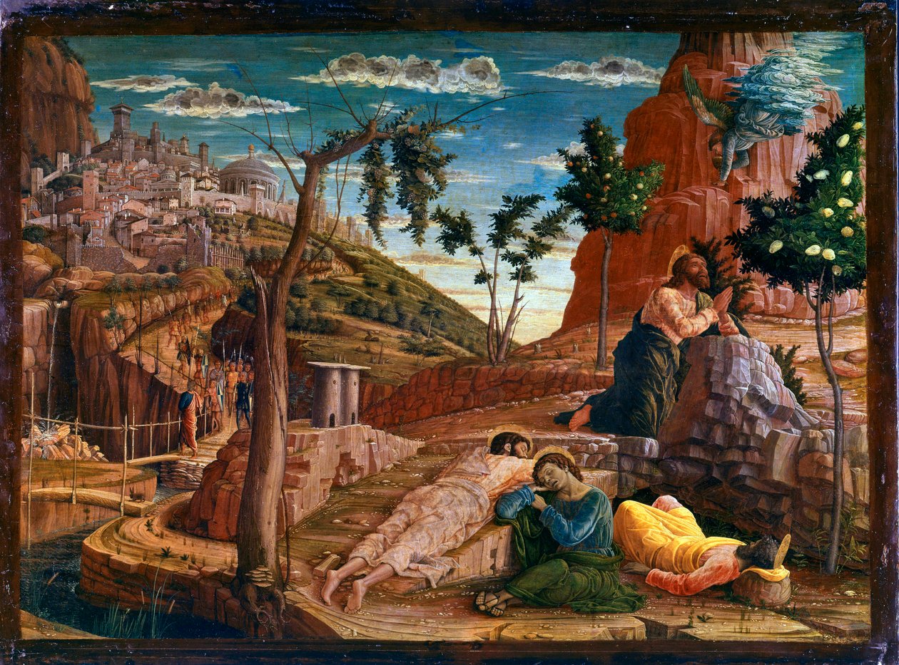 Oración en el Huerto de los Olivos Después de la última cena, Cristo va al monte de Getsemaní, que domina Jerusalén con los Apóstoles. Los soldados romanos se acercan para detenerlo. Retablo de San Zeno de Verona. Pintura (temple) sobre madera de Andrea Ma de Andrea Mantegna