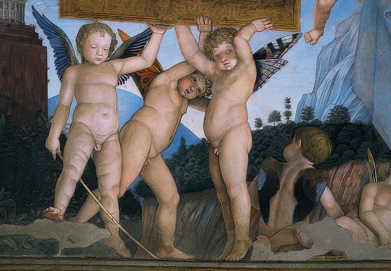Putti con alas de mariposa sosteniendo una placa de dedicación (detalle) de Andrea Mantegna