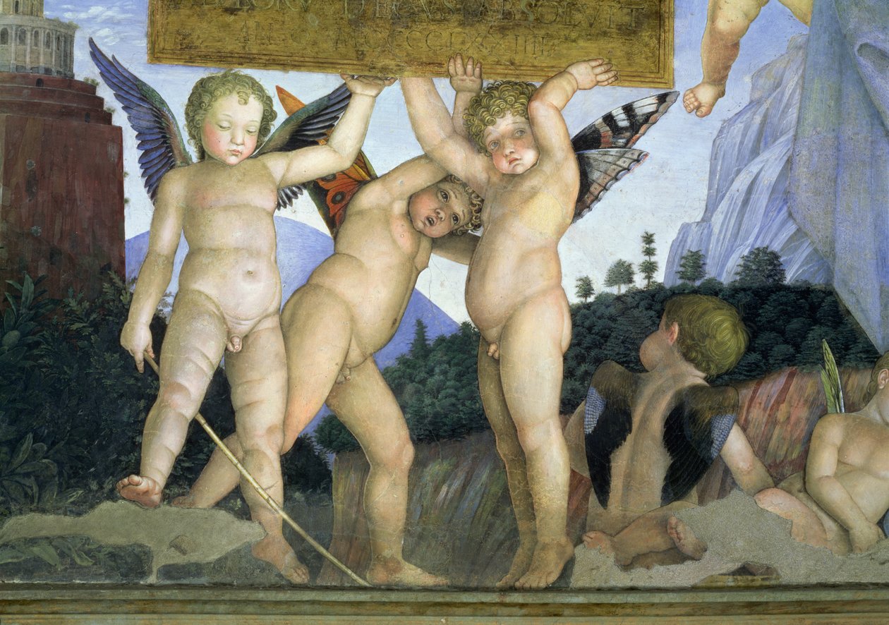 Putti con alas de mariposa sosteniendo la placa dedicatoria (detalle) de Andrea Mantegna