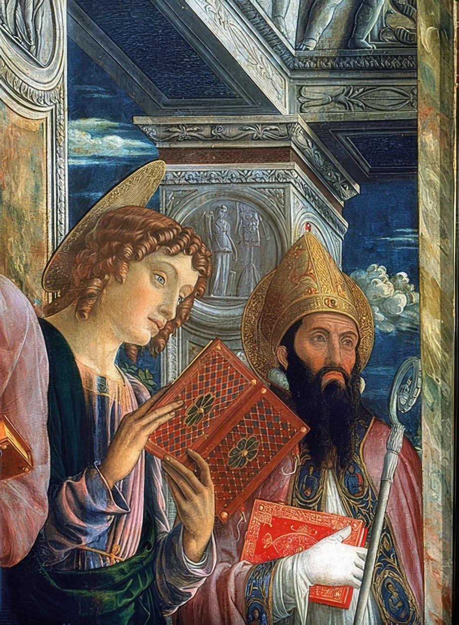 Altar de San Zeno. (detalle). 1457-1460. Aparecen Juan el Evangelista y Zenón de Verona de Andrea Mantegna