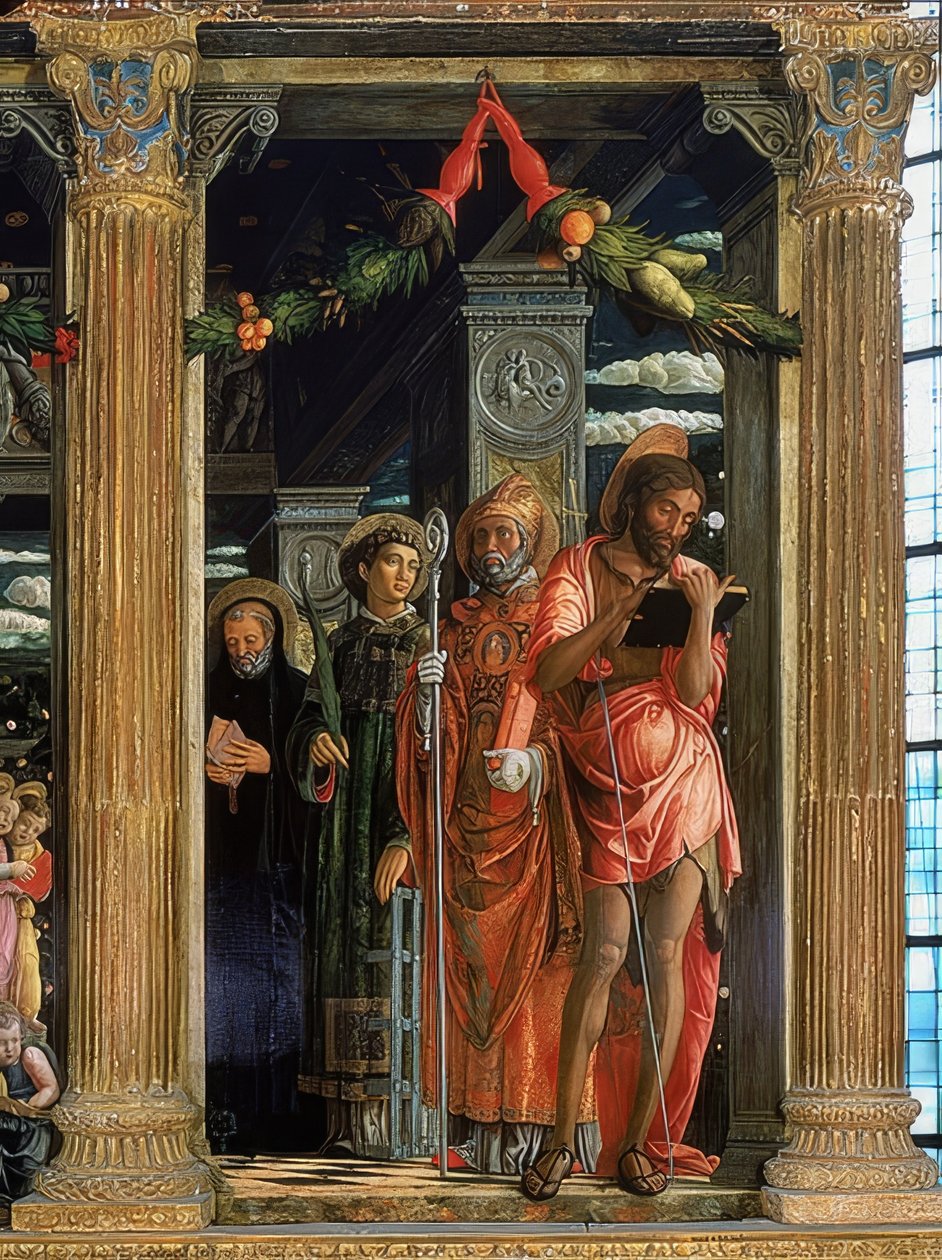 Altar de San Zeno. Lado derecho. El detalle muestra a Juan el Bautista, Lorenzo de Roma, Agustín de Hipona y Benito de Nursia de Andrea Mantegna