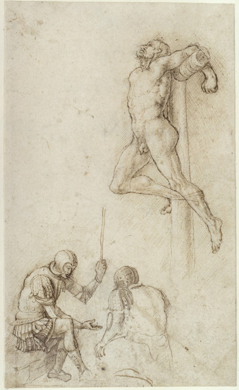 Ladrones en la cruz, debajo dos soldados jugando a los dados de Andrea Mantegna