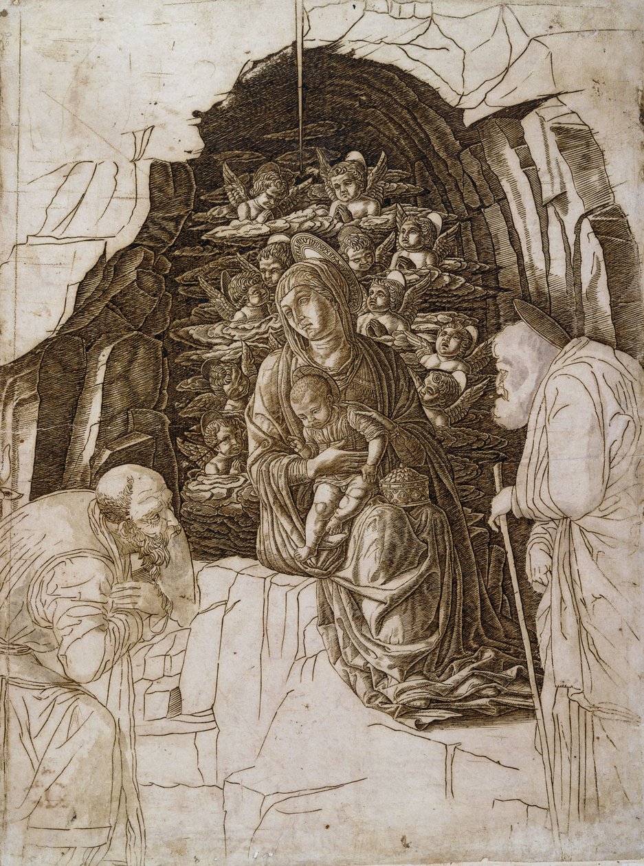 La adoración de los magos: La Virgen en la gruta, c.1475-80 de Andrea Mantegna