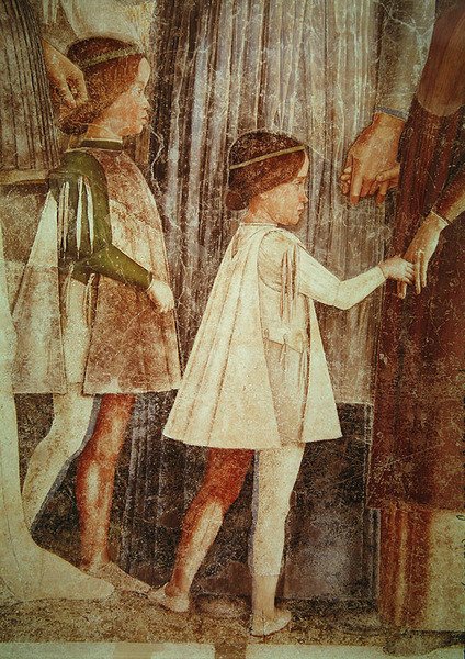 La Llegada del Cardenal Francesco Gonzaga, recibido por su padre el Marqués Ludovico Gonzaga III y sus hermanos, detalle de los niños Gonzaga, c.1465-74 (detalle) de Andrea Mantegna