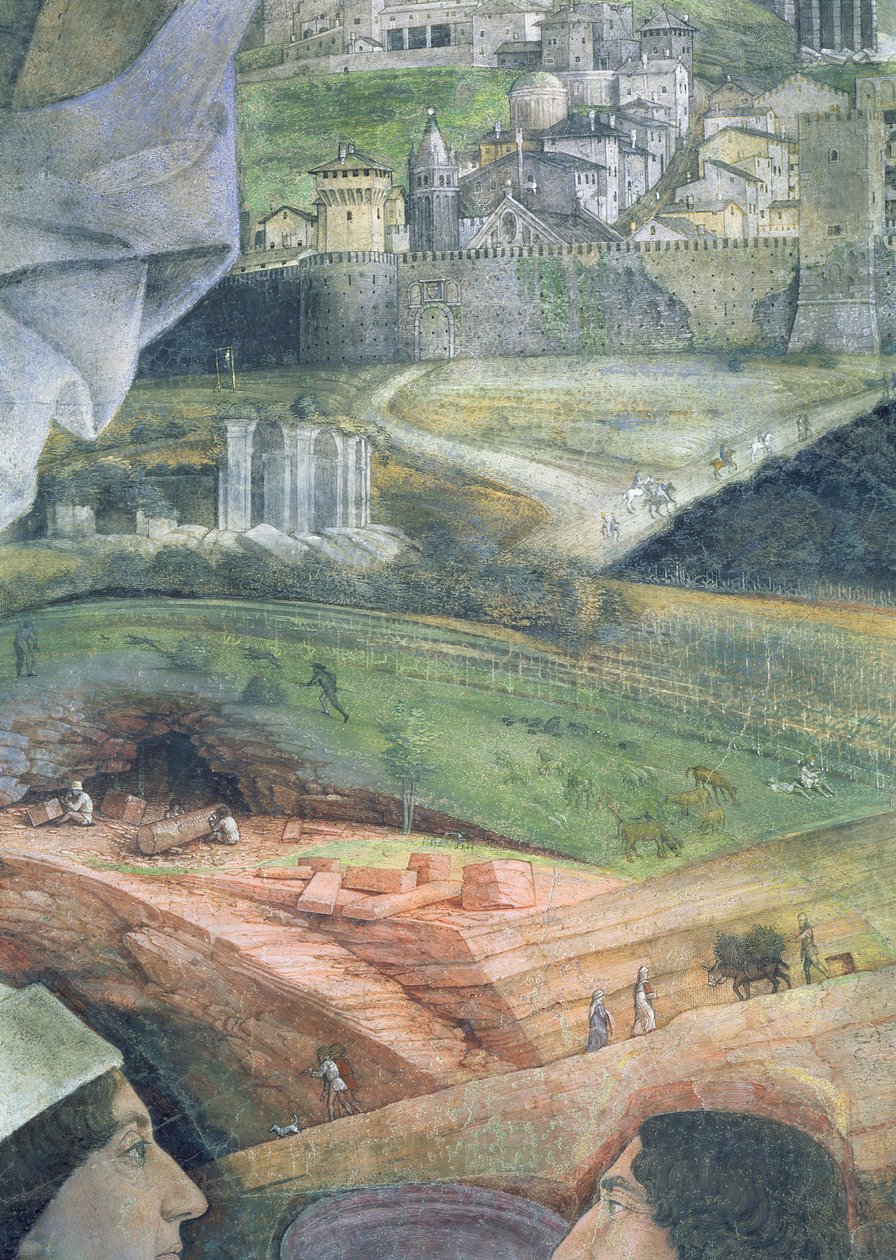 La llegada del Cardenal Francesco Gonzaga; canteras de mármol y una vista idealizada de Roma de Andrea Mantegna