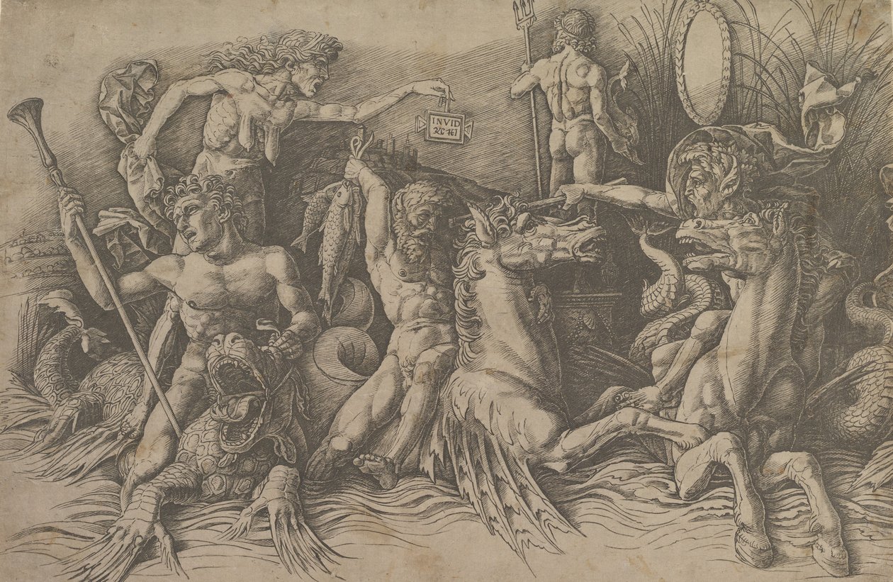 La batalla de los dioses del mar Parte izquierda de un friso, ca. 1485-88 de Andrea Mantegna