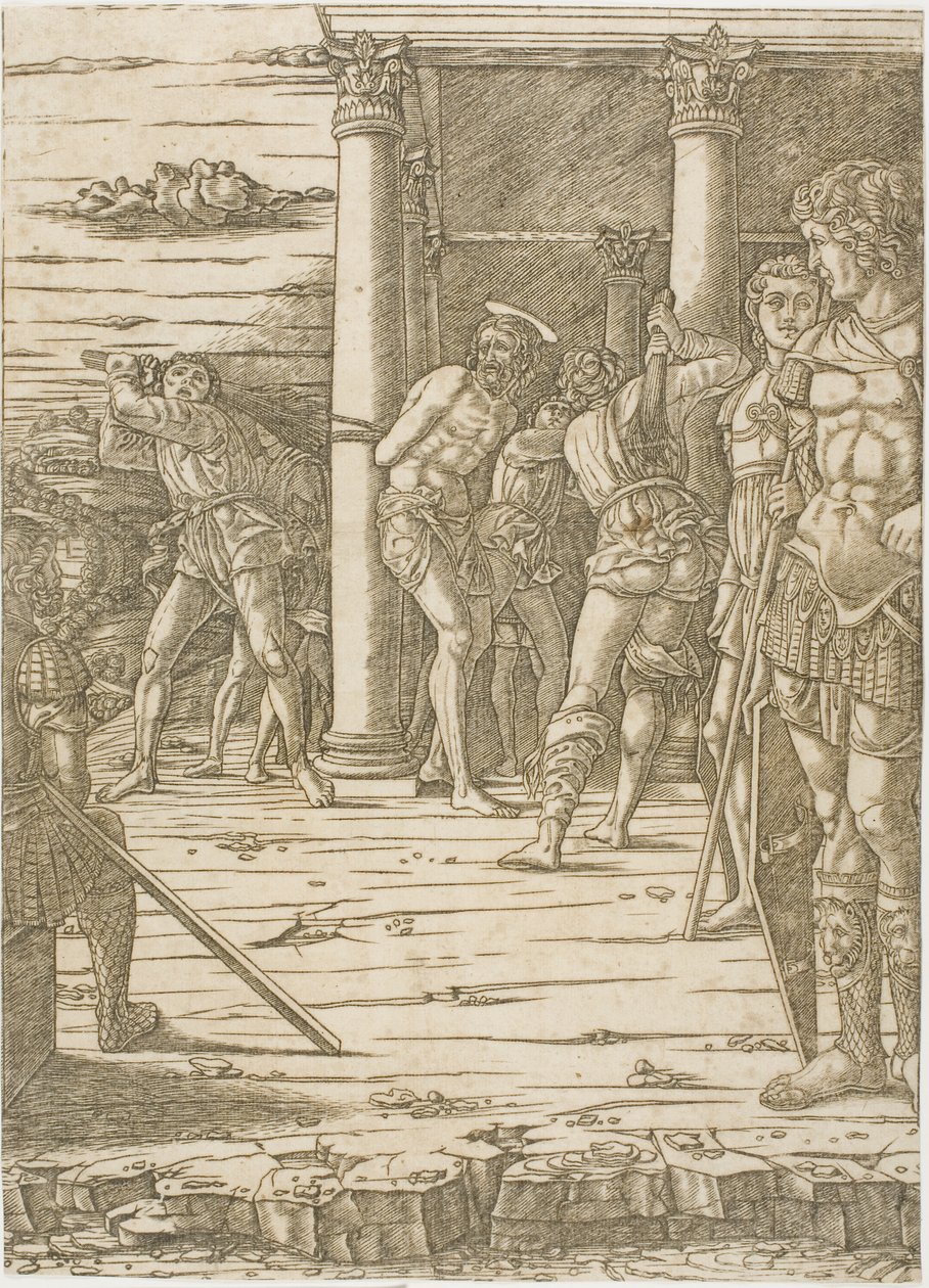 La flagelación de Cristo, con el fondo del paisaje de Andrea Mantegna