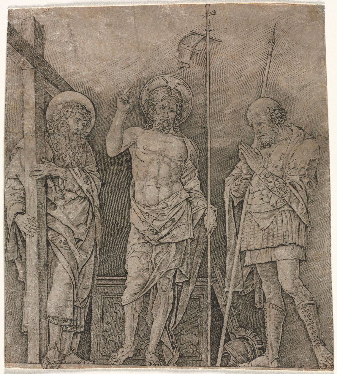 El Cristo resucitado entre San Andrés y Longinus de Andrea Mantegna