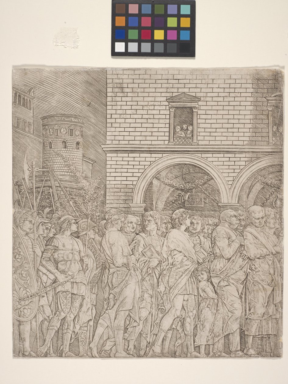 Los senadores - El triunfo de Julio César (grabado sobre papel verjurado crema) de Andrea Mantegna