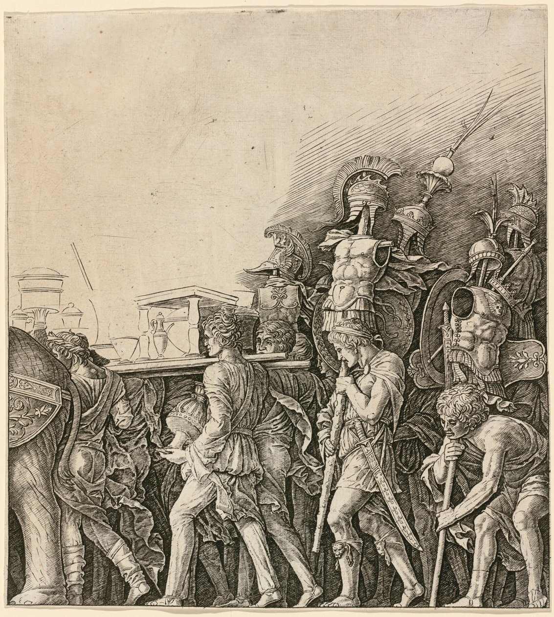 El triunfo de César: soldados portando trofeos de Andrea Mantegna