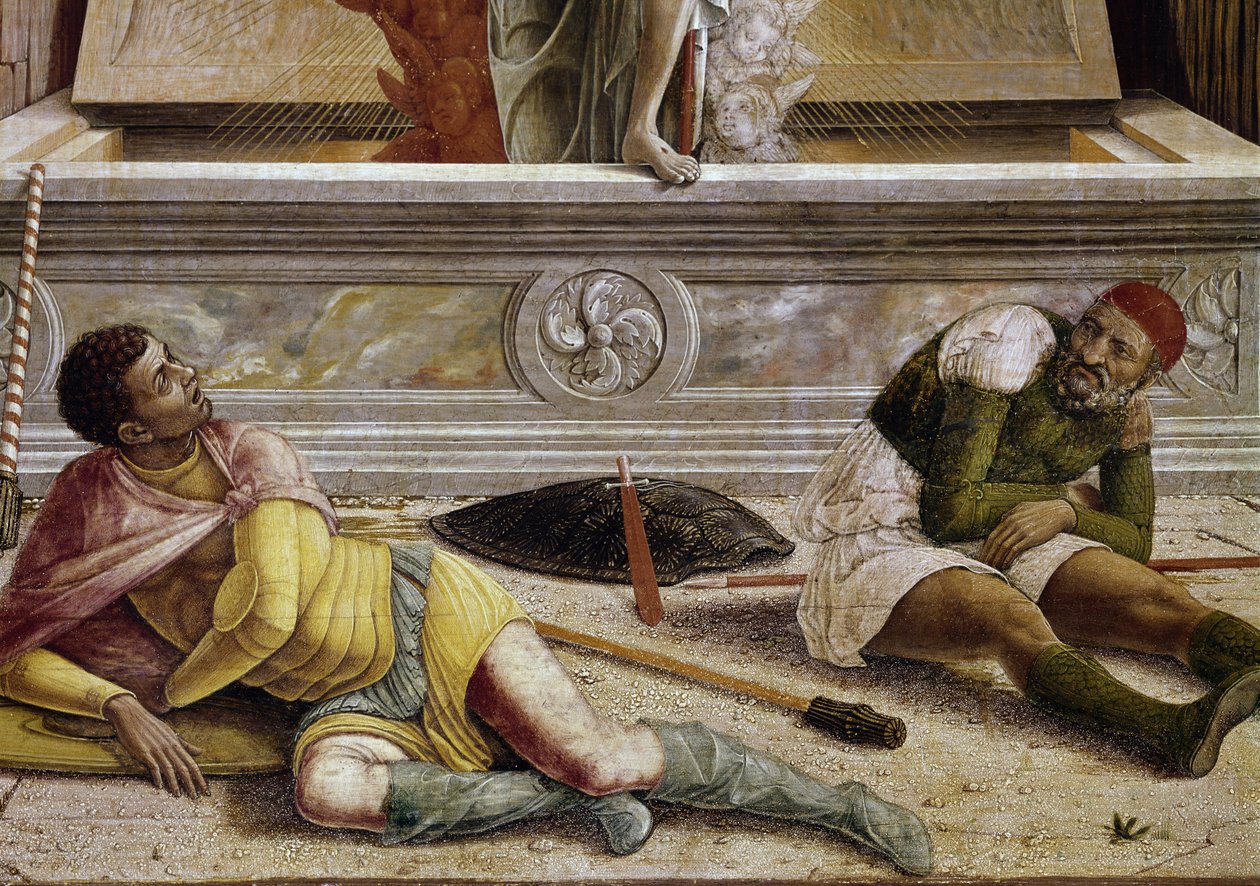 La resurrección, detalle de la predela del retablo de San Zeno (temple sobre madera). de Andrea Mantegna