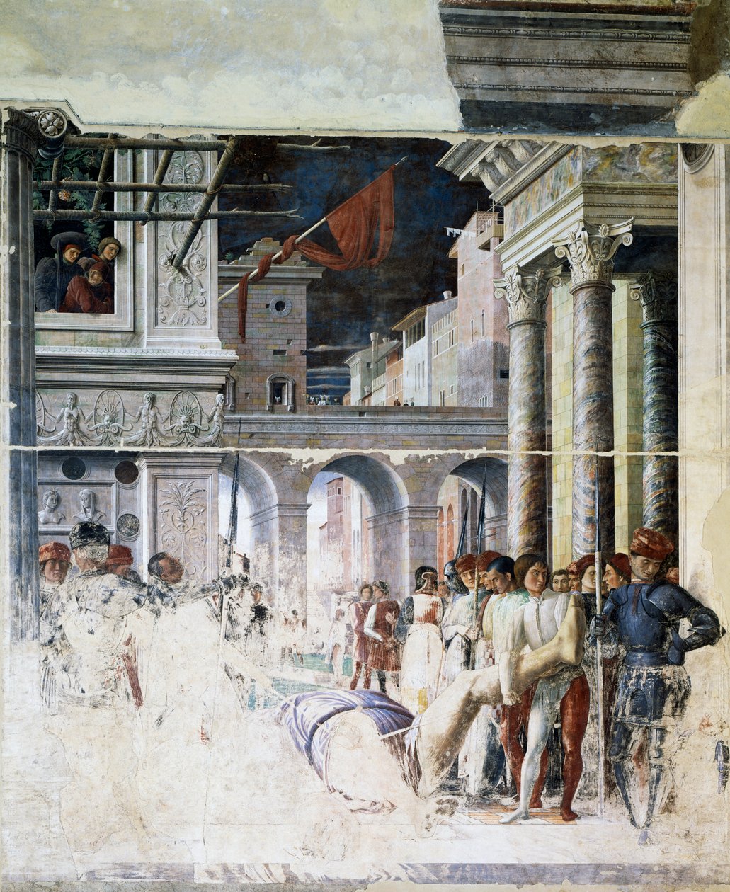 Transporte del cuerpo decapitado de San Cristóbal, detalle del Martirio de San Cristóbal de Andrea Mantegna