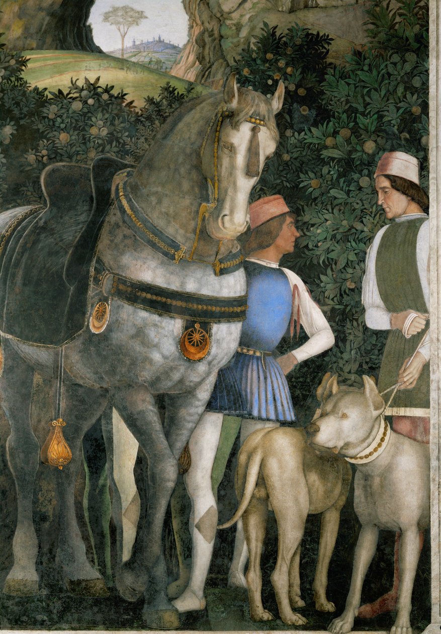 Dos mozos con el caballo y los perros de Lodovico Gonzaga (fresco) de Andrea Mantegna