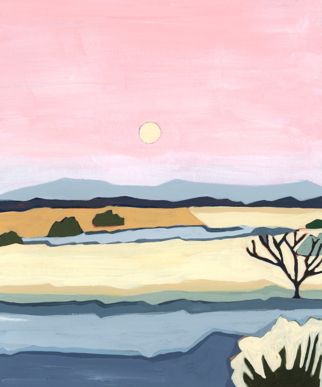 Atardecer rosa sobre Villacuri, 2023 (acrílico sobre papel) de Andrea Mejia